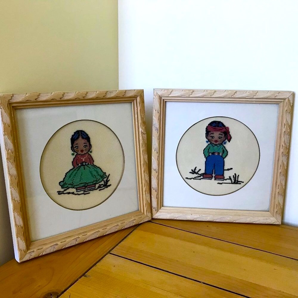 Hand Embroidered Petit Point Indigenous Boy & Girl Framed Burlington Art Shop
